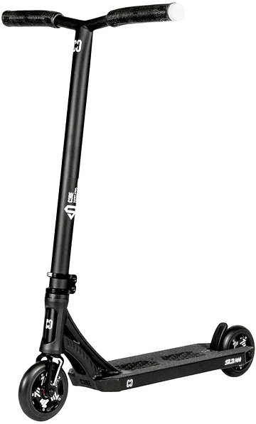 The CORE SL3 Mini Complete Stunt Scooter in black features a textured deck, two small wheels, and a T-shaped handlebar, making it ideal for use as a park or stunt scooter. The product is displayed against a white background.