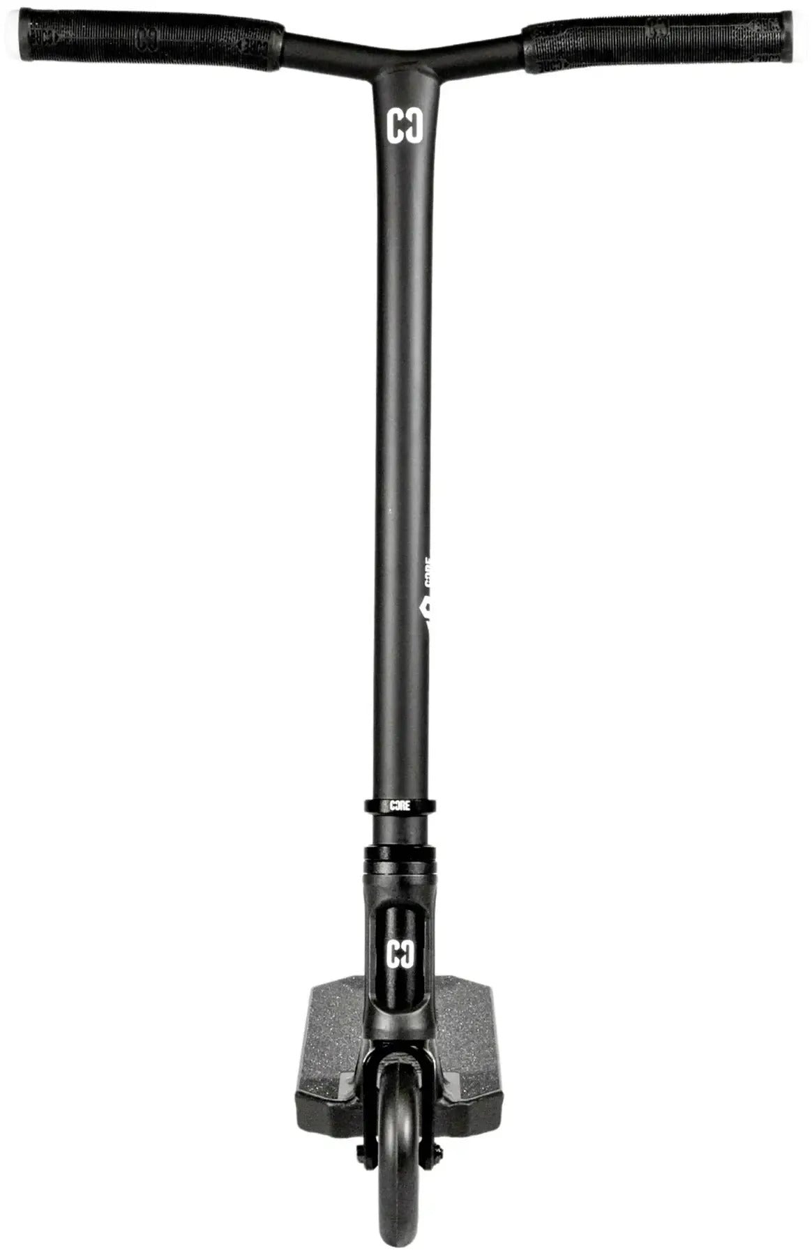 The CORE SL3 Mini Complete Stunt Scooter – Black is pictured from the front, displaying straight handlebars, a single front wheel, and a textured grip deck. The park scooter showcases CORE branding and the “C3” logo on both the handlebar stem and the deck.