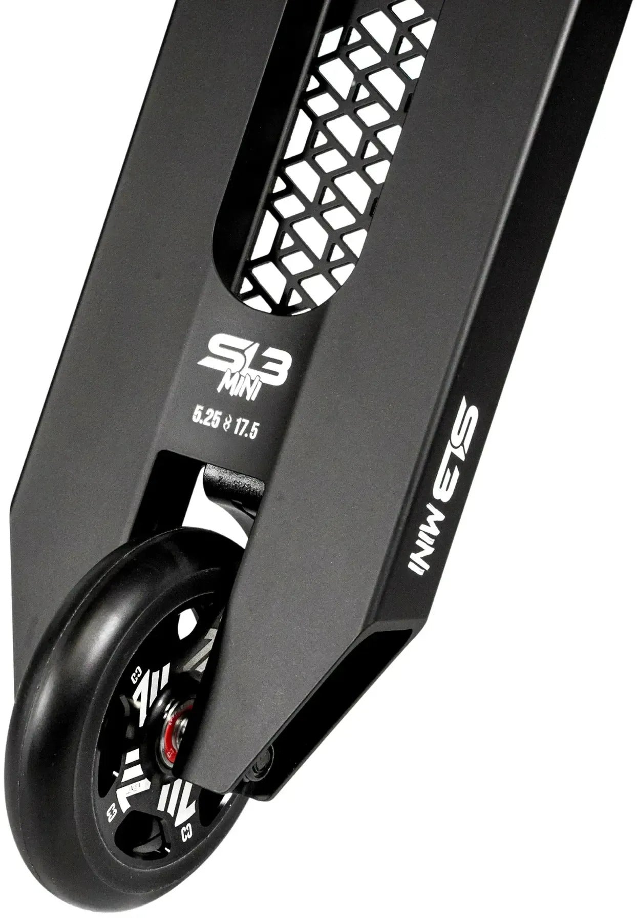 Close-up of the CORE SL3 Mini Complete Stunt Scooter deck in black, featuring a honeycomb cutout design and white “SL3 MINI” text near the rear wheel and along the side—ideal for riders searching for their first stunt or park scooter from CORE.
