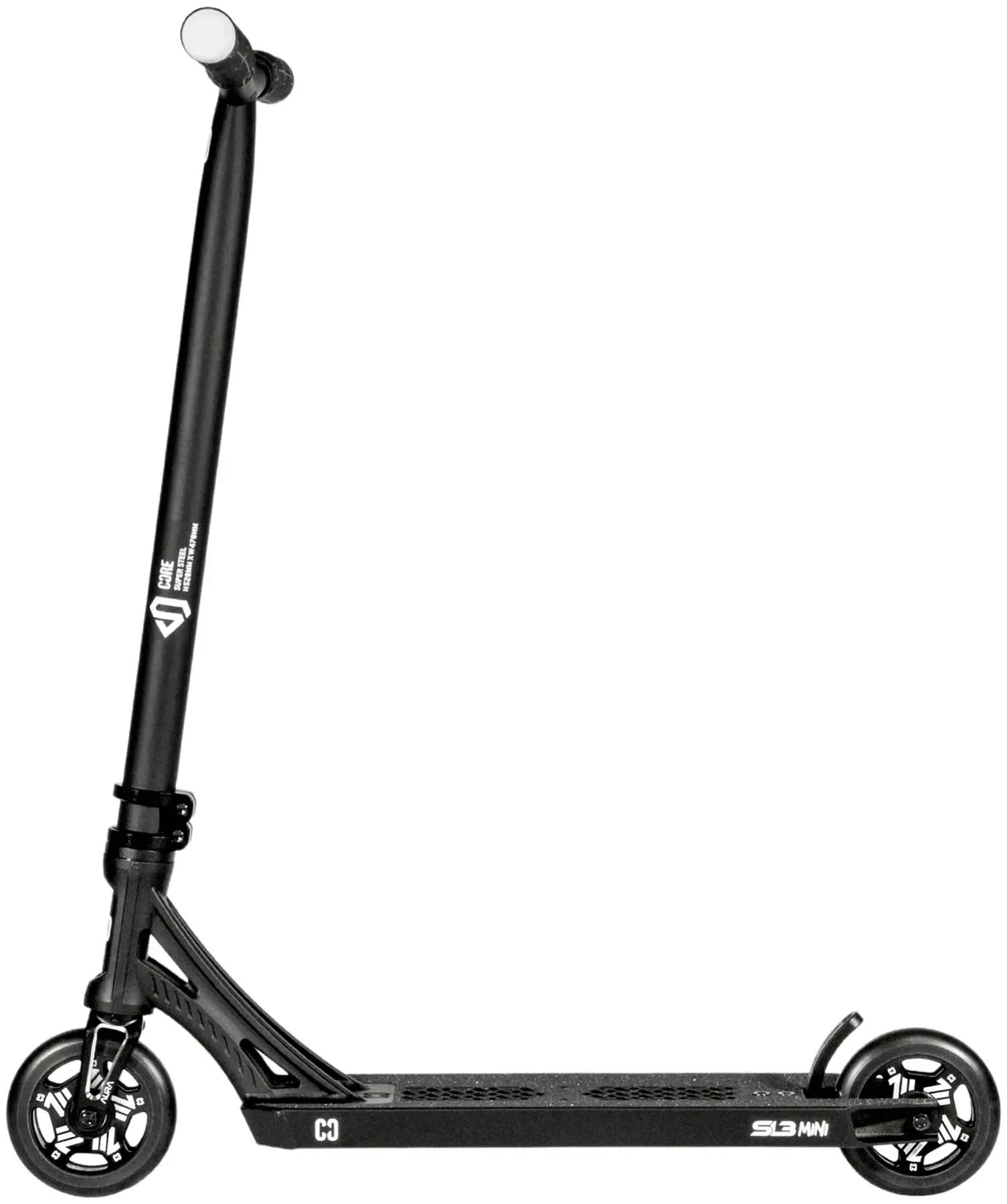 CORE SL3 Mini Complete Stunt Scooter by CORE in black, featuring small solid wheels, a straight handlebar, and a low deck. Its lightweight design is built for tricks and stunts. The stunt scooter is shown from a side profile against a white background.