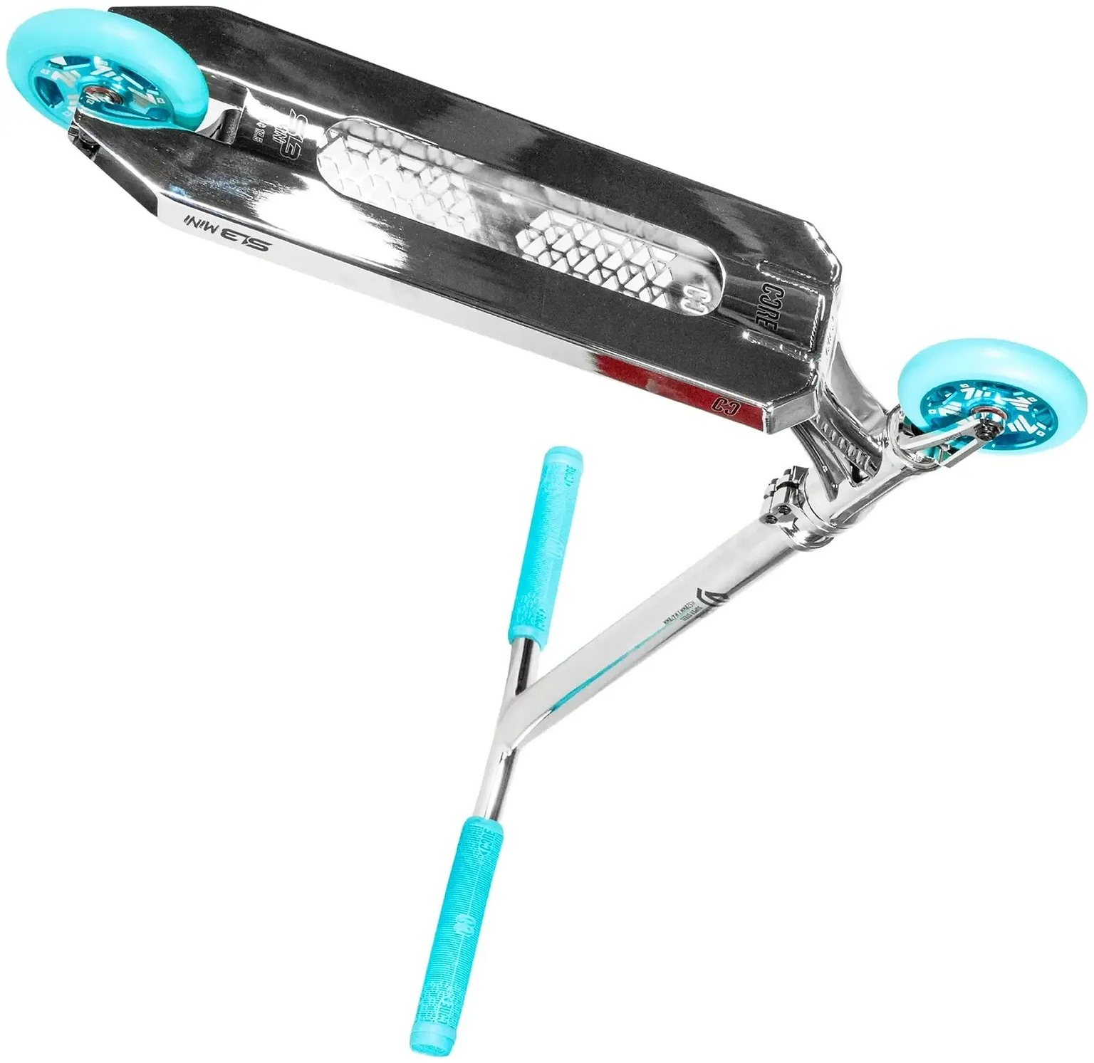 The CORE SL3 Mini Complete Stunt Scooter in Chrome and Teal, viewed from above at an angle, highlights its deck, handlebar, and teal wheels—a sleek mini scooter by CORE, ideal for park riders.