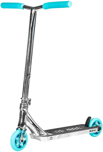 The CORE SL3 Mini Complete Stunt Scooter by CORE features a sleek chrome finish with vibrant teal handle grips and wheels, paired with a black deck. Displayed upright on a white background, this eye-catching park scooter is ideal for riders who value both style and high performance.