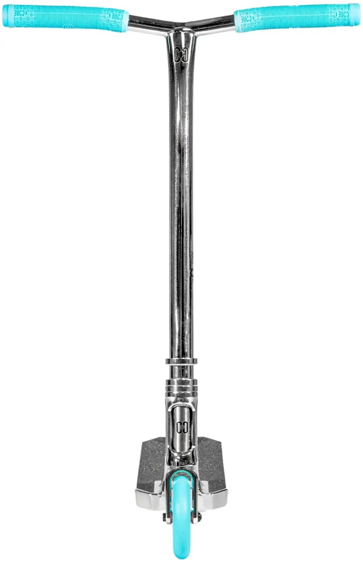 The CORE SL3 Mini Complete Stunt Scooter by CORE, shown from the front against a white background, features a chrome finish with teal handlebar grips and a matching teal front wheel.