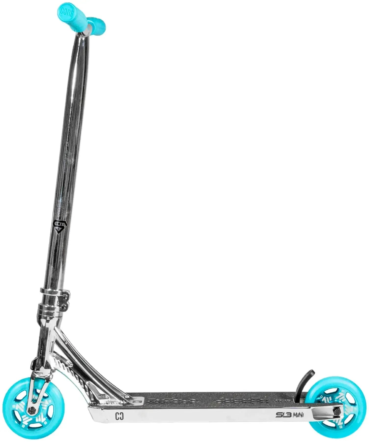 A CORE SL3 Mini Complete Stunt Scooter in chrome with teal handlebars and wheels, shown from the side on a white background.