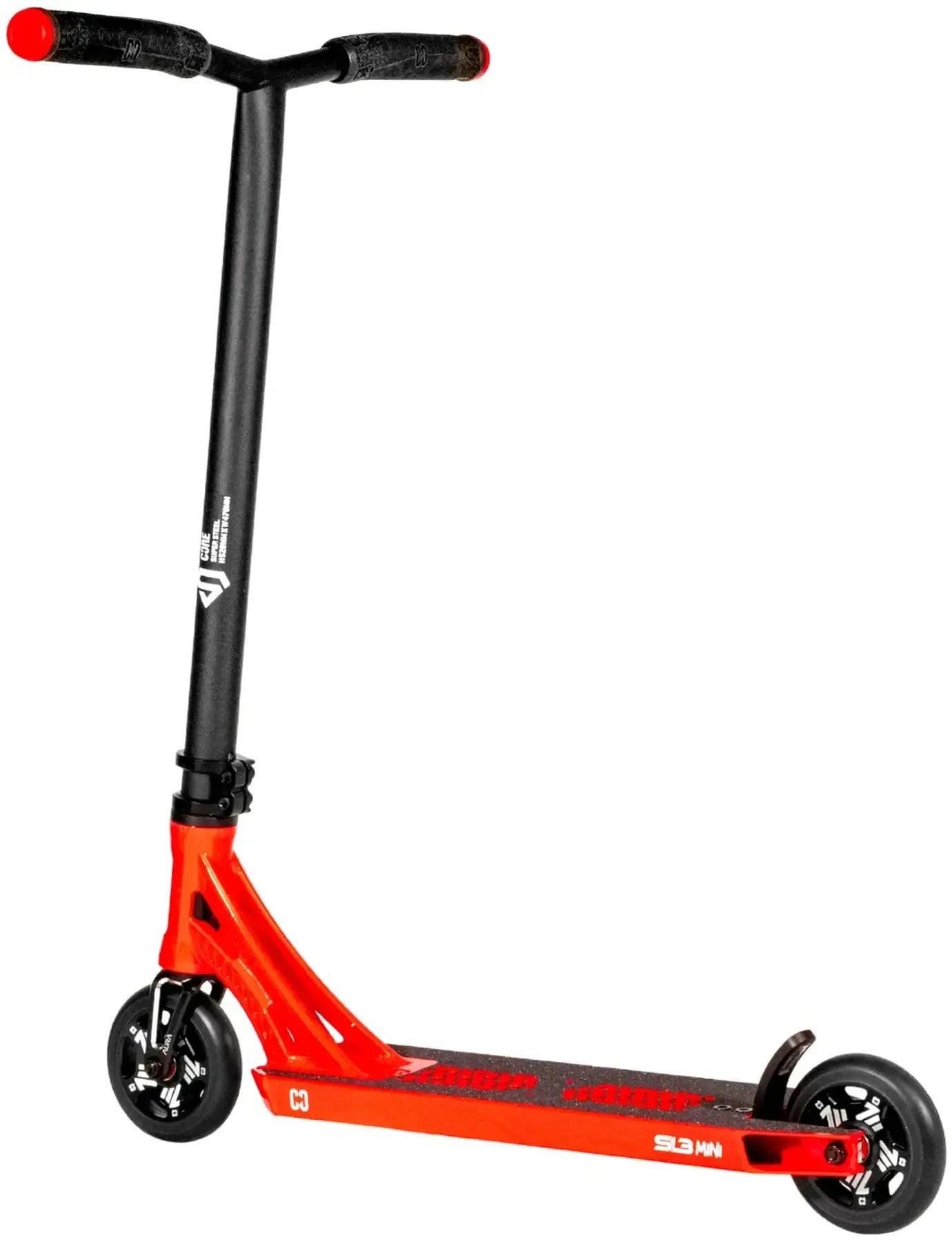 The CORE SL3 Mini Complete Stunt Scooter - Red / Black by CORE features a striking red deck, black handlebar and grip tape, and black wheels. Displayed on a white background at a slight right angle, this mini stunt scooter is ideal for kids seeking exciting, action-packed rides at the park.