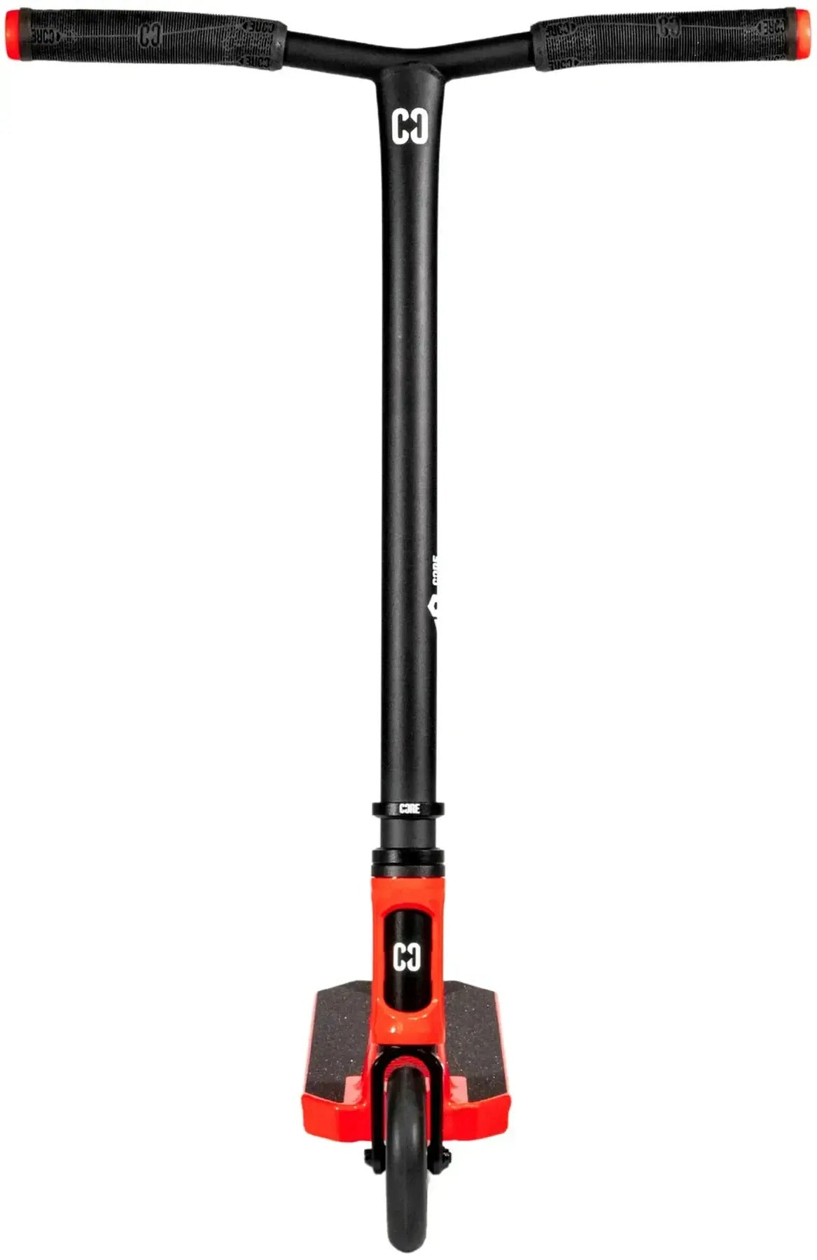 Front view of the CORE SL3 Mini Complete Stunt Scooter - Red / Black by CORE, showcasing its single front wheel, wide handlebars, and compact deck, photographed on a plain white background. This mini stunt scooter is the ideal park scooter for kids seeking high performance and standout style.