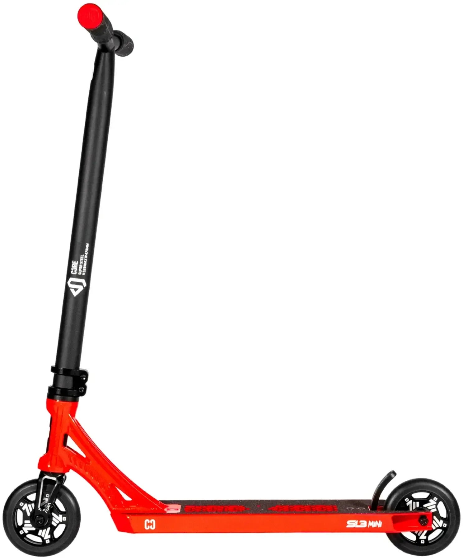 The CORE SL3 Mini Complete Stunt Scooter by CORE is shown from the side against a plain white background. It features a bold red and black colorway, two small wheels, a non-slip foot deck, and an upright handlebar, making it perfect for kids.