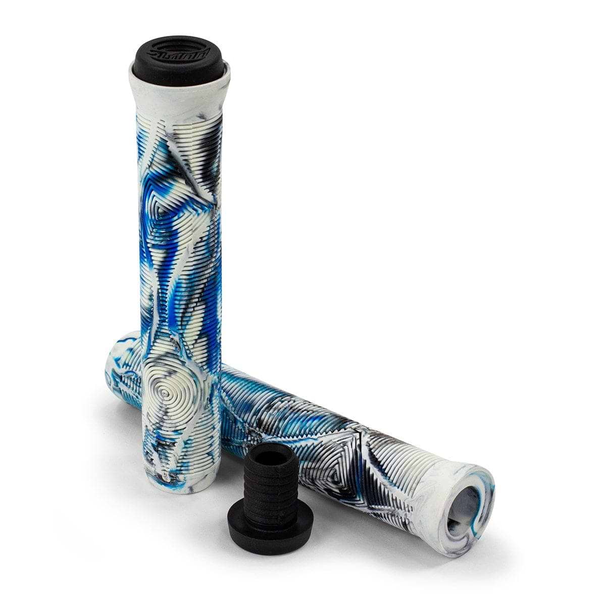 The Slamm Team Swirl Arctic White Stunt Scooter Grips - 165mm showcase a multi-directional blue and white pattern. One grip stands upright with a black end cap, while the other is placed horizontally alongside an end cap and plug, making them ideal for comfortable scooter use as well.