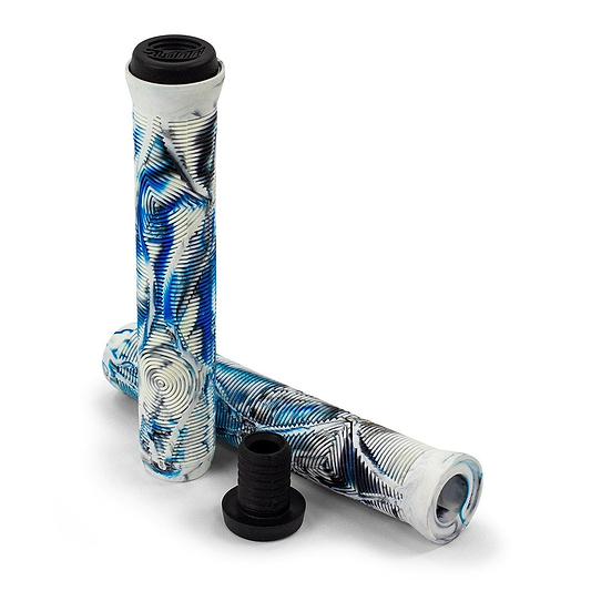 The Slamm Team Swirl Arctic White Stunt Scooter Grips - 165mm showcase a multi-directional blue and white pattern. One grip stands upright with a black end cap, while the other is placed horizontally alongside an end cap and plug, making them ideal for comfortable scooter use as well.