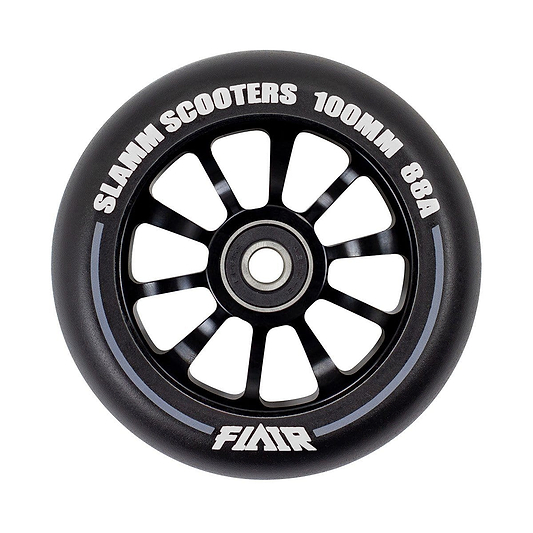 Introducing the Slamm Flair 2.0 100mm Stunt Scooter Wheel in black, featuring white text and equipped with high-performance ABEC-9 bearings.