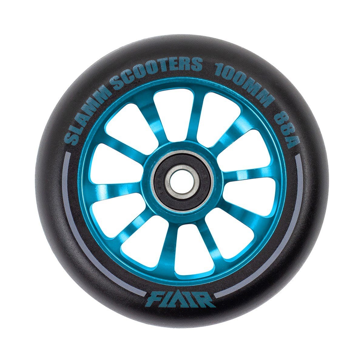 A close-up of the Slamm Flair 2.0 100mm stunt scooter wheel in blue, featuring a black tire with multiple spokes. It has "SLAMM SCOOTERS 100MM 88A" around the rim, "FLAIR" at the bottom, and is equipped with ABEC-9 bearings for smooth skatepark rides.