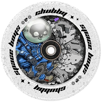 An artistic depiction of a skeleton in a blue spacesuit floats amid space-themed graffiti against a circular white backdrop, mimicking the view through a spaceship window. The phrase "Chubby Spaceboy" artistically intertwines around the image, reminiscent of hydrographic design style.