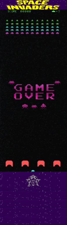 A retro arcade game screen reminiscent of the Revolution Stunt Scooter Griptape - Space Invaders features pixelated aliens and a spaceship. The phrase "GAME OVER" appears in pink 1980s-style pixel graphics. Vibrant colors stand out against a black background, evoking nostalgia much like cruising on highly grippy Revolution Griptape.