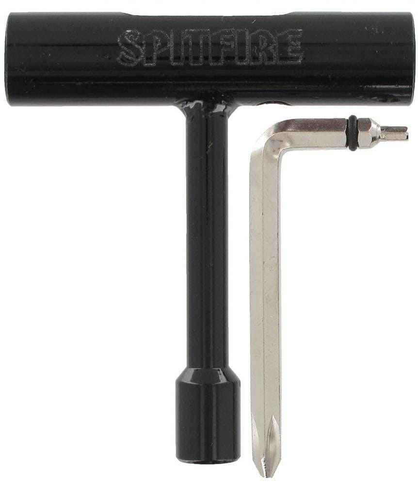 The Spitfire T3 Skateboard Tool - Black by Spitfire is a compact and versatile tool, designed in a black T-shape with the brand's name "Spitfire" on the horizontal bar, accompanied by a convenient L-shaped silver tool.