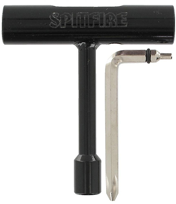 The Spitfire T3 Skateboard Tool - Black by Spitfire is a compact and versatile tool, designed in a black T-shape with the brand's name "Spitfire" on the horizontal bar, accompanied by a convenient L-shaped silver tool.
