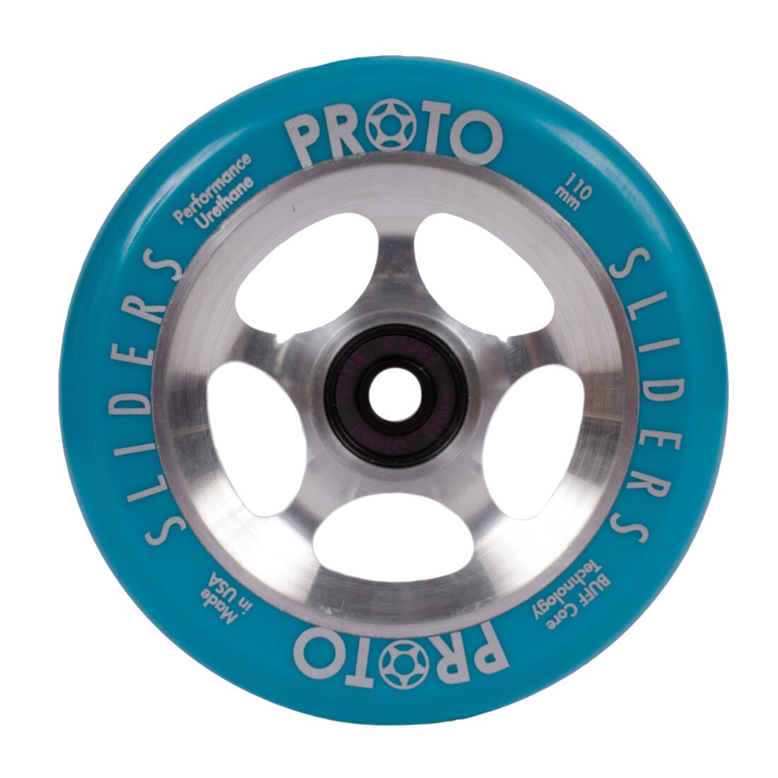 The Proto Sliders Starbright 110mm Stunt Scooter Wheel in Blue/Raw features a distinctive Starbright design and a robust metal core. It is marked with "Performance Urethane" and "110mm" on its edge, and includes four circular openings, offering enhanced performance through its harder urethane composition.
