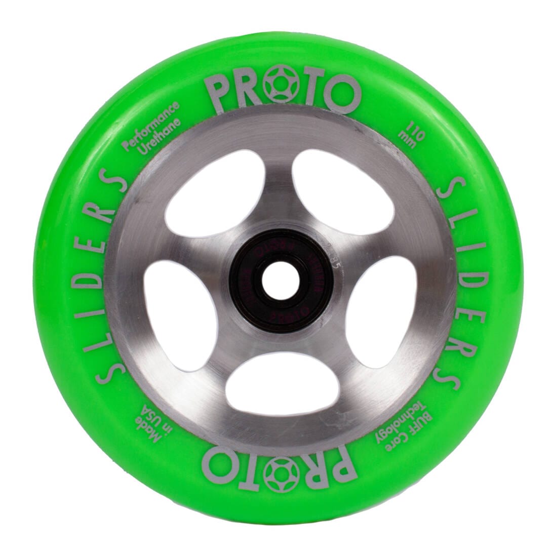 The Proto Sliders Starbright 110mm Stunt Scooter Wheel in green, crafted by Proto, boasts a striking Starbright design with a raw metal core featuring five spokes and a black center detail. Engineered for speed and durability, its high-quality urethane promises long-lasting performance.