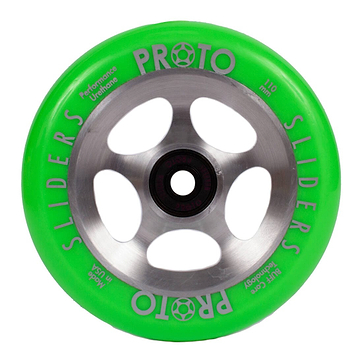 The Proto Sliders Starbright 110mm Stunt Scooter Wheel in green, crafted by Proto, boasts a striking Starbright design with a raw metal core featuring five spokes and a black center detail. Engineered for speed and durability, its high-quality urethane promises long-lasting performance.