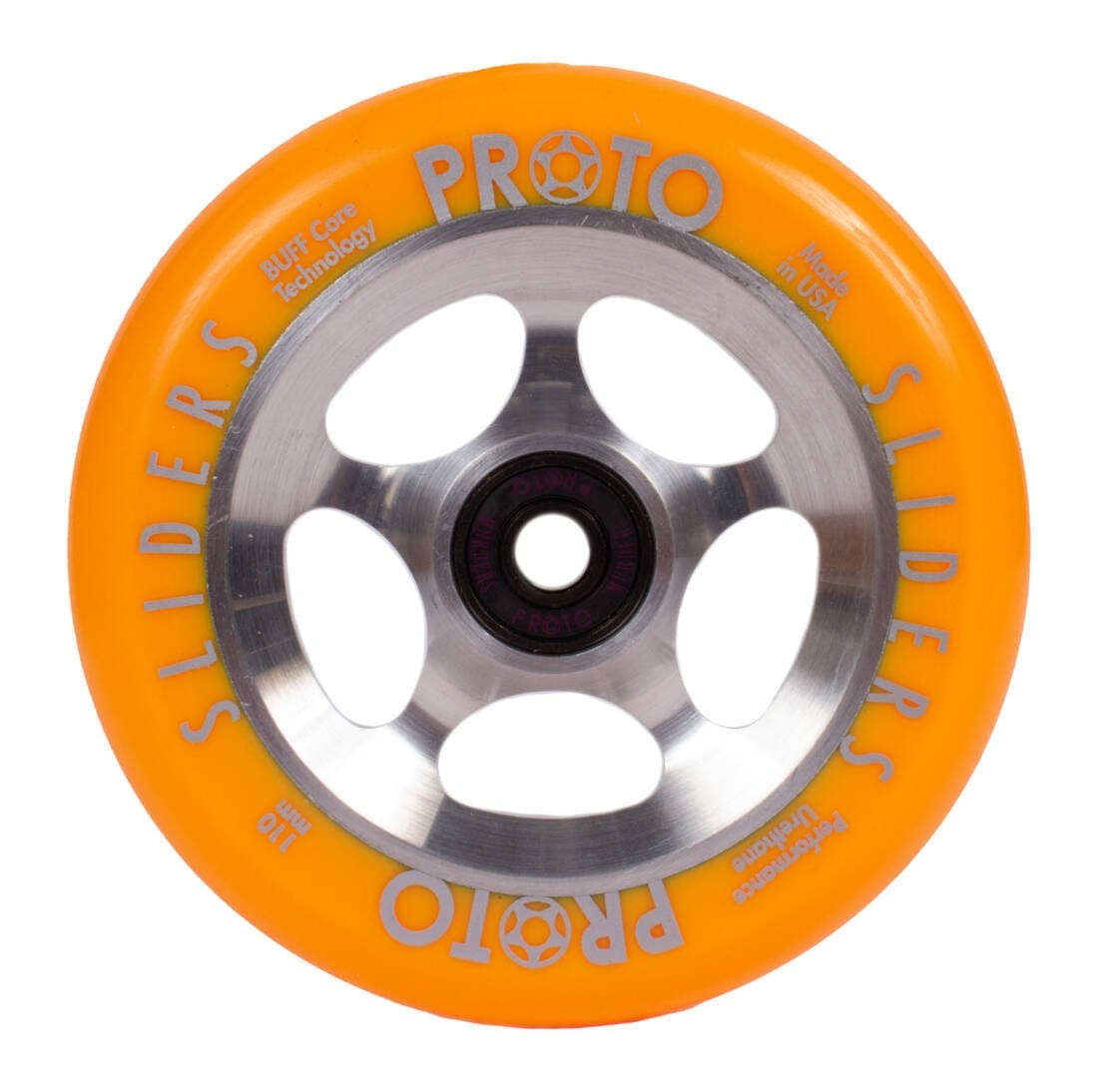 The product on display is the Proto Sliders Starbright 110mm Stunt Scooter Wheel in an orange/raw color scheme. It features a metal core with large circular cutouts and showcases white text highlighting its durable urethane technology. This wheel, manufactured by Proto, proudly sports a "Made in USA" label.
