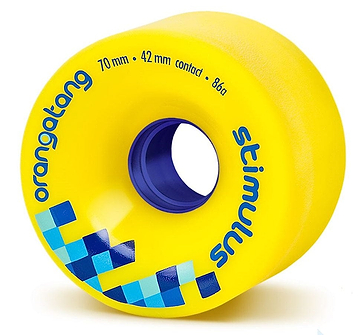 A vibrant yellow longboard wheel from Orangatang, featuring the product name "Orangatang Stimulus 70mm 86A" printed in blue. The wheel is 70 mm in diameter with a 42 mm contact patch and a stone ground surface for enhanced grip. Its offset design, along with the blue core, creates an eye-catching contrast.