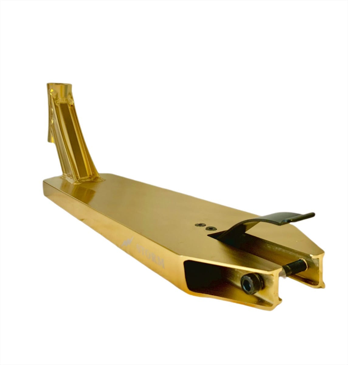 The Revolution Storm Gold Chrome Stunt Scooter Deck, measuring 4.7" x 19", is a park rider's dream with its sleek and angular gold design featuring precision cutouts and mounting holes for the rear wheel. Positioned at an angle on a white background, this deck delivers unmatched style and functionality.