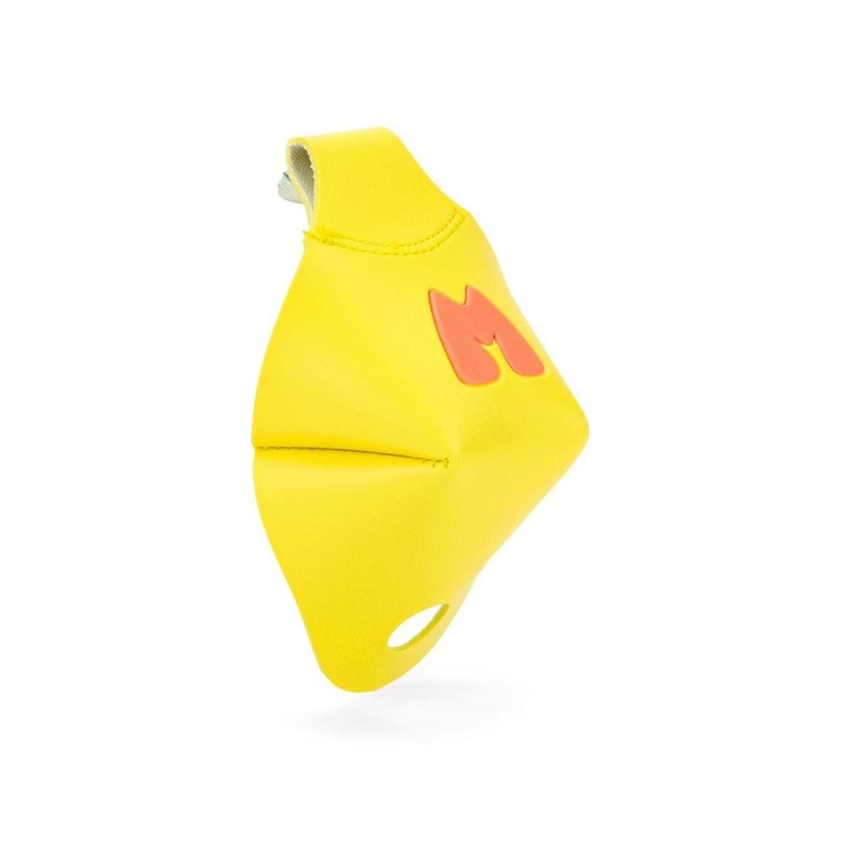 The Moxi Beach Bunny Roller Skate Toe Cap in the Strawberry Lemonade colorway showcases a distinctive folded design with a small hole near the bottom. Adorned with a red "M," its vibrant yellow hue, crafted from soft material, stands out against a white background.