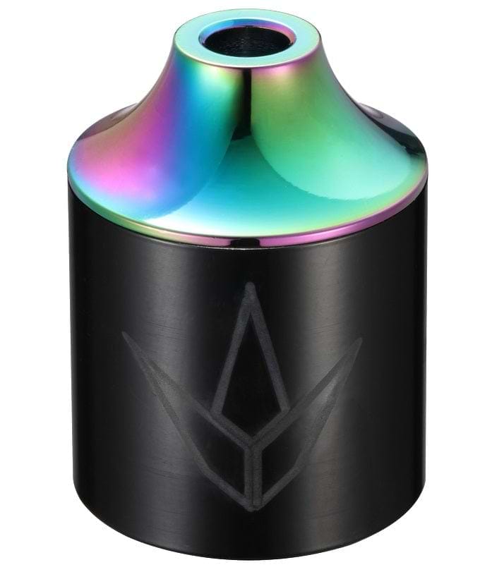 The Blunt Envy Street Stunt Scooter Peg Oil Slick Neochrome - Front is a sleek black metal cylinder with a shiny, rainbow-colored conical top. It boasts an etched geometric design on the side and is crafted from durable chromoly steel, offering both style and strength—perfect for enhancing your scooter setup.