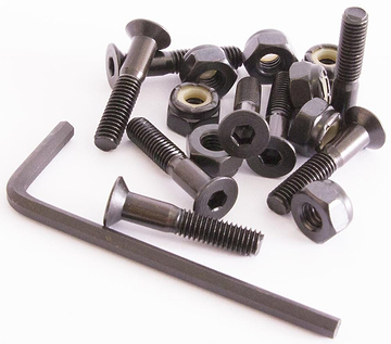 A set of Sushi Skateboard Allen Truck Bolts, 7/8" in black, along with nuts and an Allen wrench, rests on a white background.