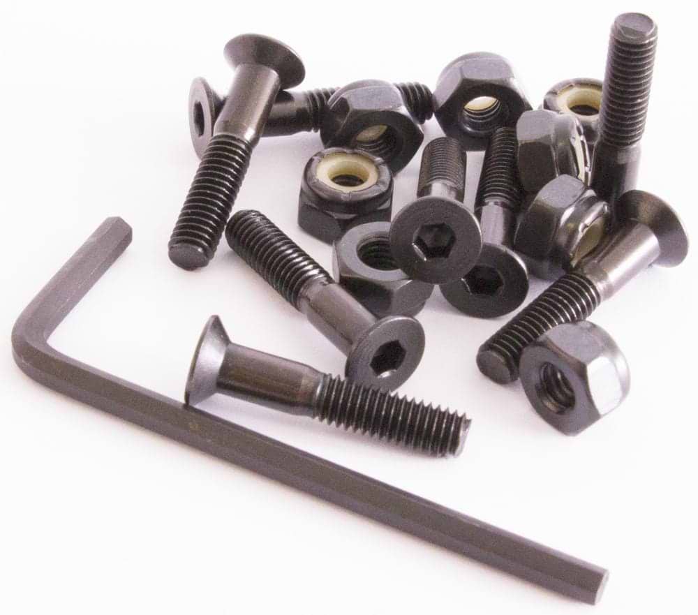 A set of Sushi Skateboard Allen Truck Bolts - 1" Black featuring a black hex bolt design, Nyloc nuts, and an L-shaped hex key on a white background. The hardware pieces are arranged neatly to highlight their metallic finish and diverse sizes, making them ideal for projects that demand secure fastening with a sleek appearance.