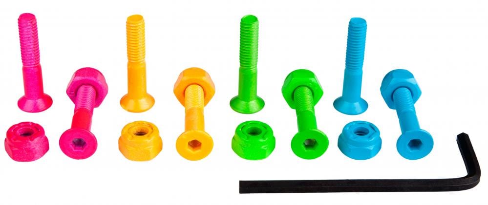 The Sushi Skateboard Allen Truck Bolts - 1" Multicolour set features vibrant bolts and nuts in shades of pink, orange, yellow, green, and blue arranged in pairs. An L-shaped hex key lies next to Nyloc Nuts on a white background.
