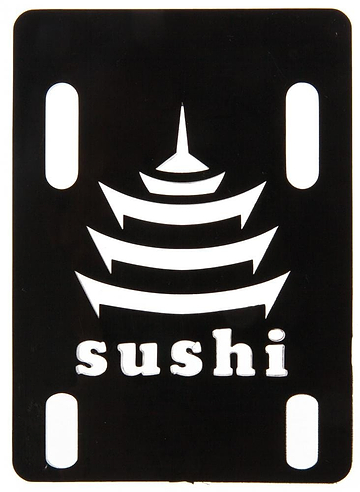 Black minimalist stencil with a stylized pagoda design and "sushi" cut out below, inspired by Sushi's 1/8" Black Skateboard Riser Pads that reduce vibrations.