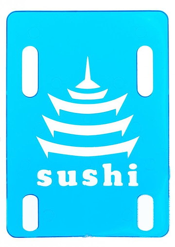 A clear blue card adorned with a white logo depicting a multi-tiered pagoda-like structure, accentuated by "Sushi" boldly displayed underneath. It mirrors the art of balance, akin to the 1/8" Sushi Skateboard Riser Pad that effortlessly absorbs impact.