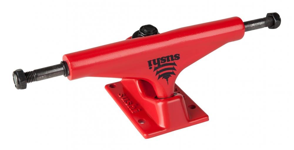 Sushi Pagoda Red Skateboard Trucks (Pair) - 133mm feature high-tensile steel axles, black bolts, and display the brand name "Sushi" printed in black on their aluminum hanger.