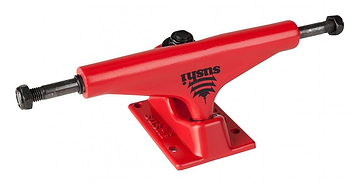 Sushi Pagoda Red Skateboard Trucks (Pair) - 133mm feature high-tensile steel axles, black bolts, and display the brand name "Sushi" printed in black on their aluminum hanger.