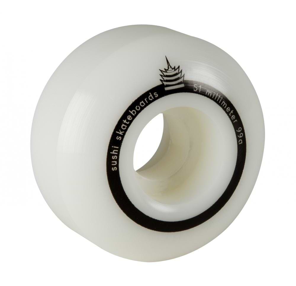 The Sushi Pagoda Team V2 51mm 99A Skateboard Wheels in white feature a bold design with black accents, proudly displaying "Sushi Skateboards." These wheels are crafted from Super High Rebound Urethane for exceptional performance and showcase an artistic pagoda graphic.