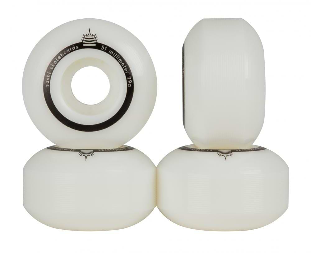 In a pyramid arrangement, four Sushi Pagoda Team V2 51mm 99A Skateboard Wheels in white are displayed, with two wheels at the base and two above—one positioned upright and the other on its side. The text on them reveals they are crafted from super high rebound urethane with a 99A durometer.