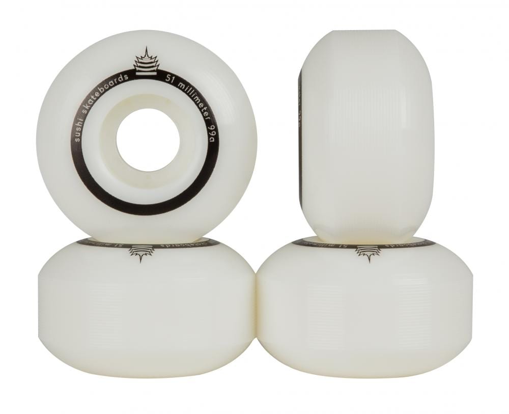 The Sushi Pagoda Team V2 53mm skateboard wheels are offered in a set of four, arranged in pairs. Each white wheel is marked with black text around the rims stating "53 millimeter" and "99A durometer," crafted from Super High Rebound Urethane. The design includes a small emblem above the text, catering to those who value the quality and performance synonymous with Sushi Skateboard Wheels.