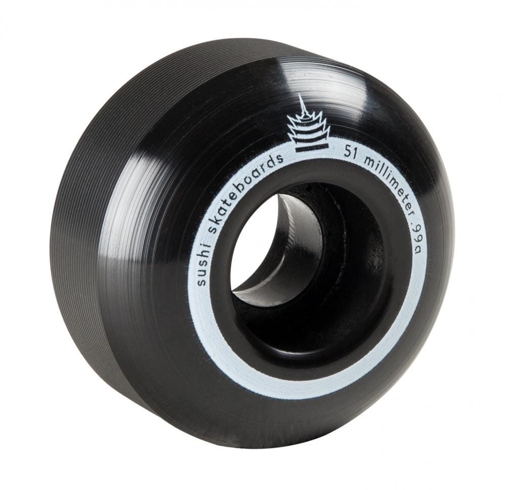 A close-up of a black skateboard wheel featuring white text that reads "Sushi Pagoda Team V2 51mm 99A Skateboard Wheels." Made by Sushi from Super High Rebound Urethane, the wheel has a smooth texture and glossy finish.