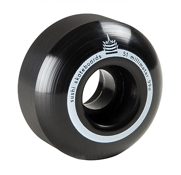 A close-up of the Sushi Pagoda Team V2 Skateboard Wheel highlights the iconic branding. The 52mm wheel boasts a 99A durometer made from Super High Rebound Urethane, delivering a smooth ride. Its design features a black finish enhancing both traction and style.
