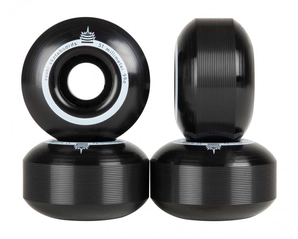 A collection of Sushi Pagoda Team V2 52mm 99A Skateboard Wheels in Black, made with Super High Rebound Urethane.