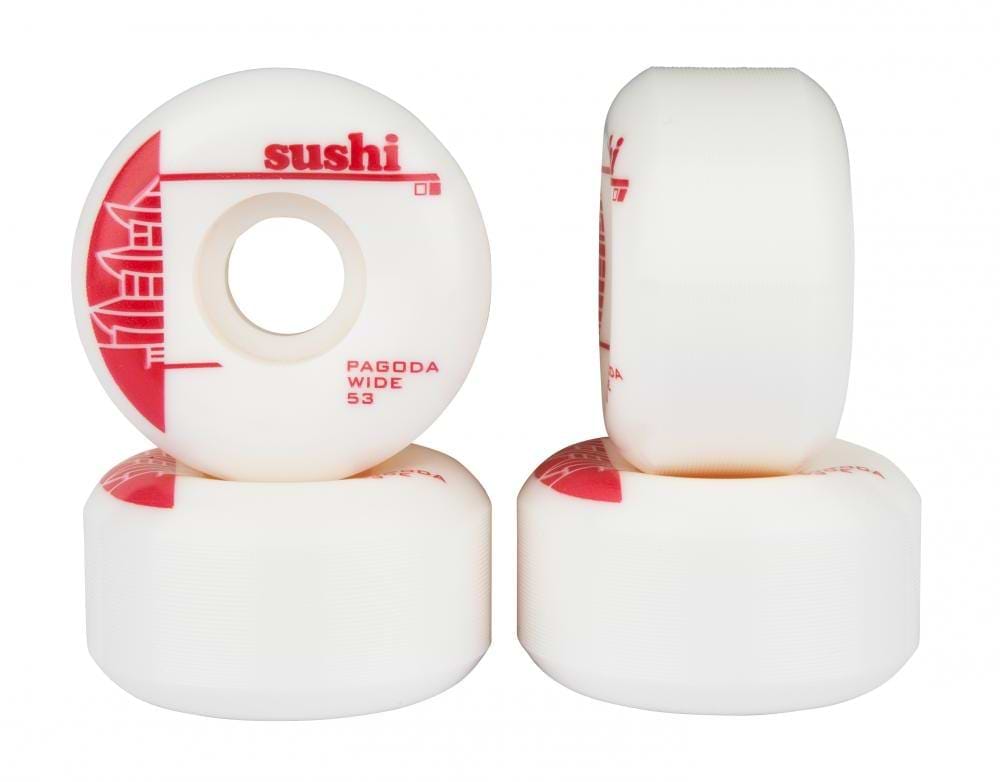 The Sushi Pagoda Wide 53mm 99A Skateboard Wheels come in white with red graphic designs, featuring images such as a pagoda and the phrase "Sushi Pagoda" on the side. Made from durable SHR Urethane, these wide skateboard wheels are labeled "PAGODA WIDE 53" and include three horizontally stacked wheels with one standing vertically.