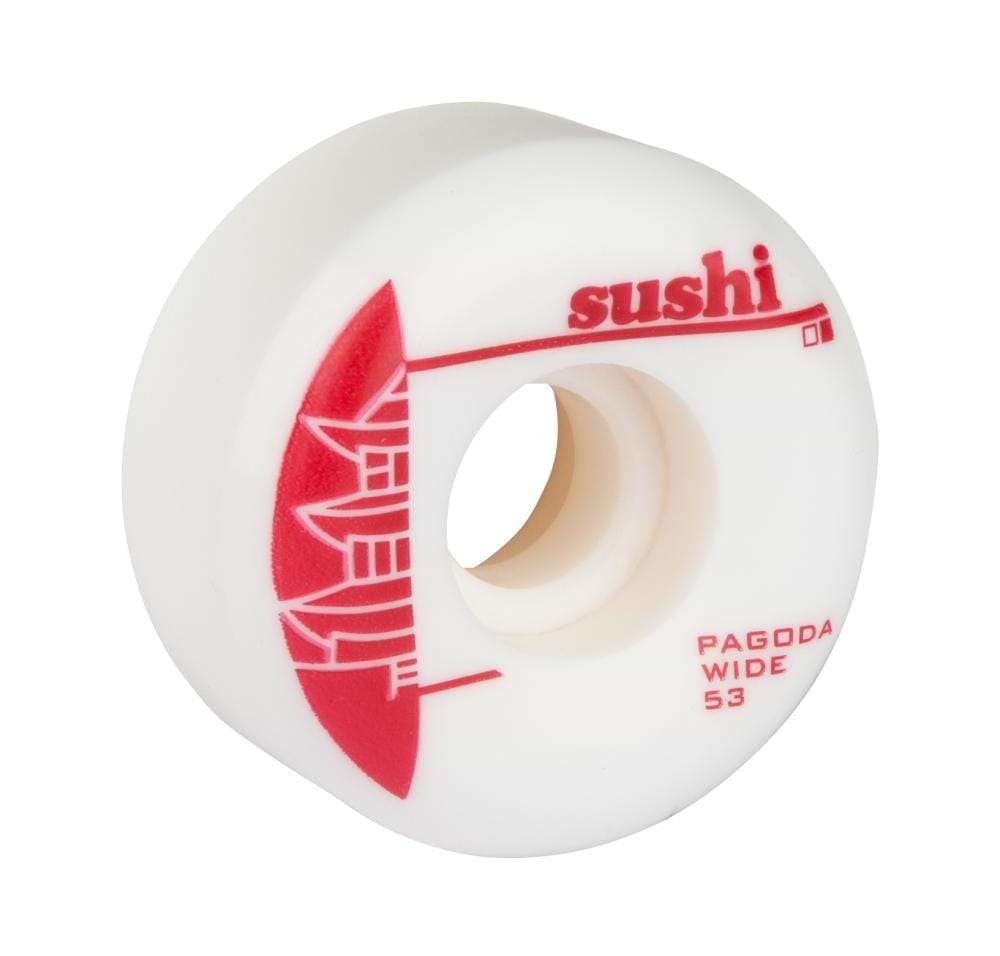 White skateboard wheel from Sushi, showcasing a vibrant red pagoda design with "Sushi Pagoda" elegantly printed in red. The text "PAGODA WIDE 53" is prominently displayed, crafted from sturdy SHR Urethane for top-notch performance.