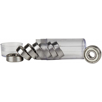 A clear plastic tube contains several Sushi ABEC 3 Chrome Skateboard Bearings from an 8-pack, with some bearings outside the tube and the cap removed. These cylindrical bearings are aligned, highlighting their shiny metal surface.