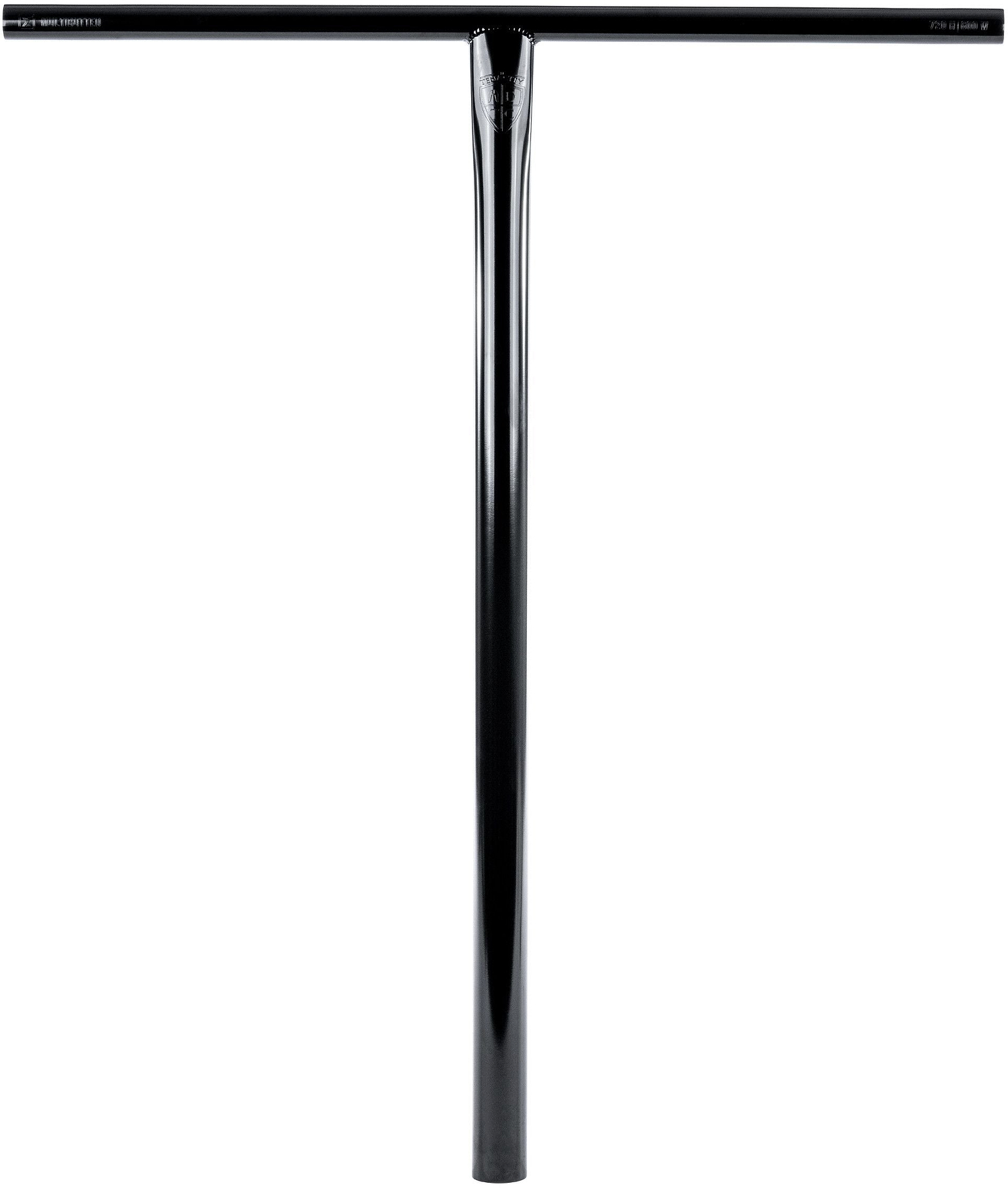 The Ethic DTC Tenacity V2 Steel Oversized HIC Stunt Scooter T-Bars in Black Mirror, measuring 770mm by 600mm, showcase a sleek T-shaped design crafted from durable chromoly steel against a white background. Designed by Ethic for strength and style, these oversized scooter handlebars are perfect for stunt riding.