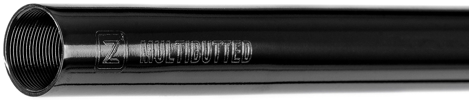 A close-up of a black metal tube—part of the Ethic DTC Tenacity V2 Steel Oversized HIC Stunt Scooter T-Bars (Black Mirror, 770mm x 600mm)—with threading inside one end and “MULTIBUTTED” engraved along its side.