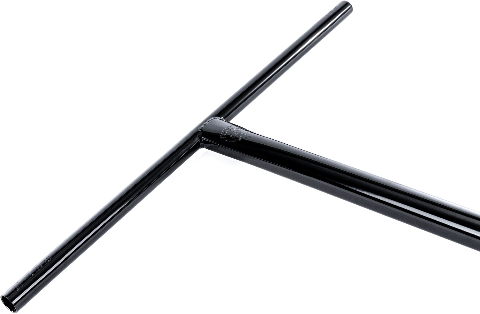 A black mirror-finished metal T-shaped handlebar, the Ethic DTC Tenacity V2 Steel Oversized HIC Stunt Scooter T-Bars (770mm x 600mm), crafted by Ethic from durable chromoly steel, is displayed diagonally on a white background—an ideal choice for riders seeking robust oversized bars with a glossy surface.