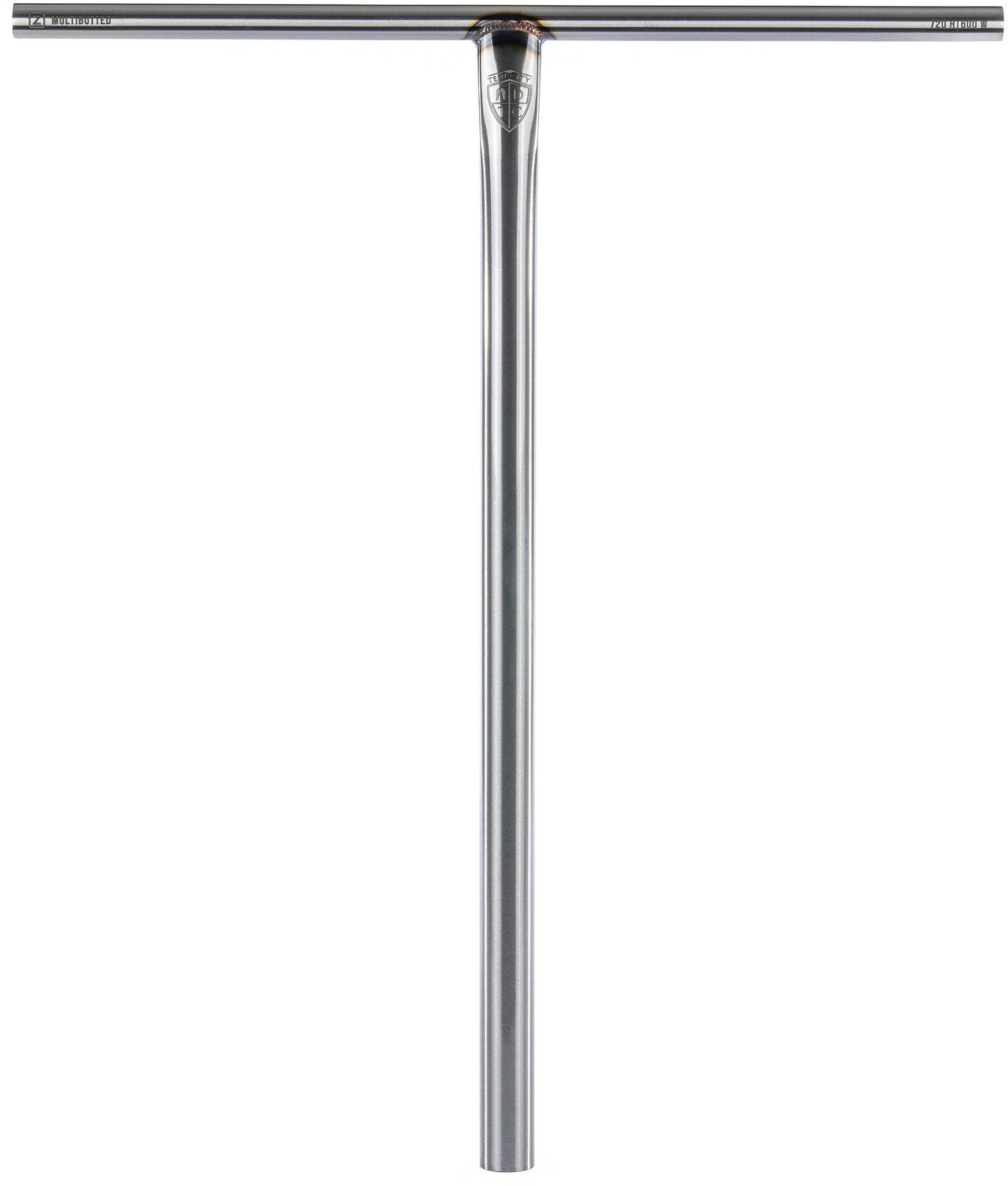 The Ethic DTC Tenacity V2 Steel Oversized HIC Stunt Scooter T-Bars in Raw (770mm x 600mm) by Ethic feature a vertical stem and horizontal handlebar, complete with a small shield logo at the junction. Constructed from durable chromoly steel, these oversized bars boast a sleek, minimal design and are shown standing upright against a white background.