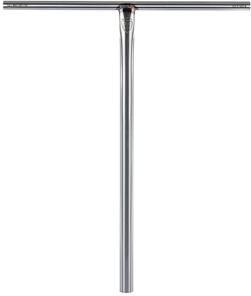 The Ethic DTC Tenacity V2 Steel Oversized HIC Stunt Scooter T-Bars in Raw (770mm x 600mm) by Ethic feature a vertical stem and horizontal handlebar, complete with a small shield logo at the junction. Constructed from durable chromoly steel, these oversized bars boast a sleek, minimal design and are shown standing upright against a white background.