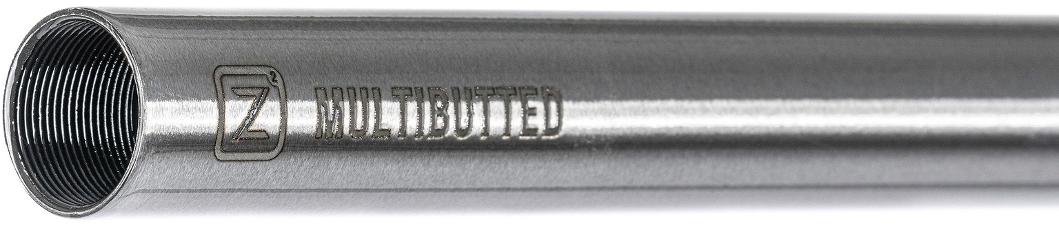 Close-up of a metal tube featuring an engraved “Z MULTIBUTTED” logo and a visible threaded interior on one end, crafted from robust chromoly steel commonly used in Ethic DTC Tenacity V2 Steel Oversized HIC Stunt Scooter T-Bars (Raw, 770mm x 600mm) by Ethic.