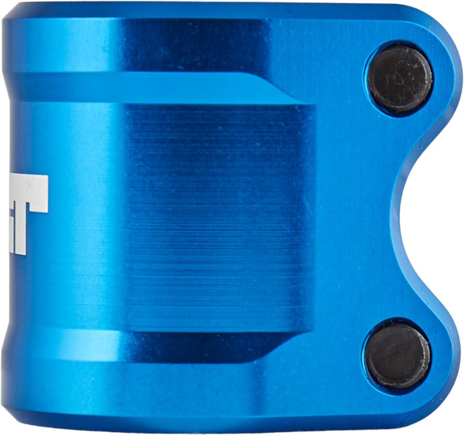 A close-up view of the Tilt ARC 2 Bolt Oversized Stunt Scooter Clamp in blue, highlighting two black screws on the side. The clamp's surface features a shiny, smooth finish, perfectly complementing oversized or aluminum bars for a sleek and sturdy setup.